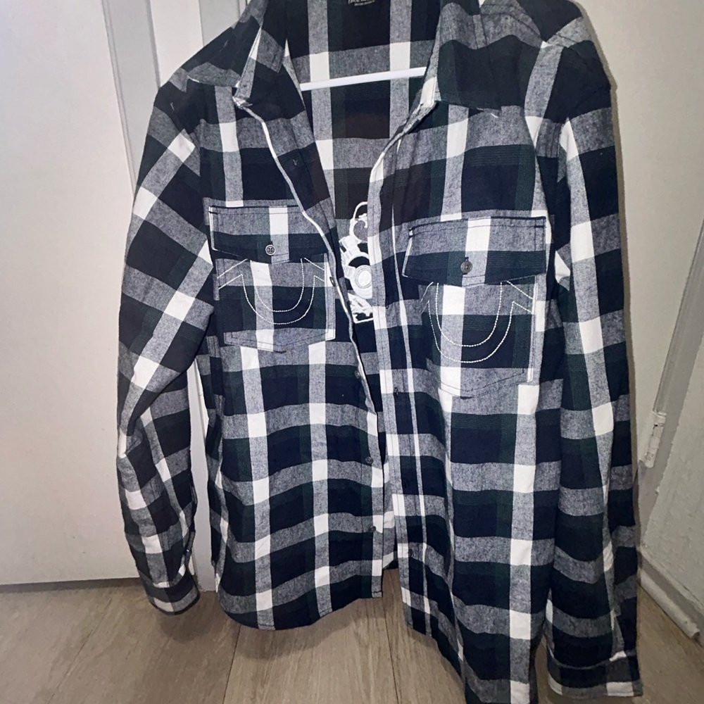 True Religion Dark Blue and White Plaid Shirt Jacket